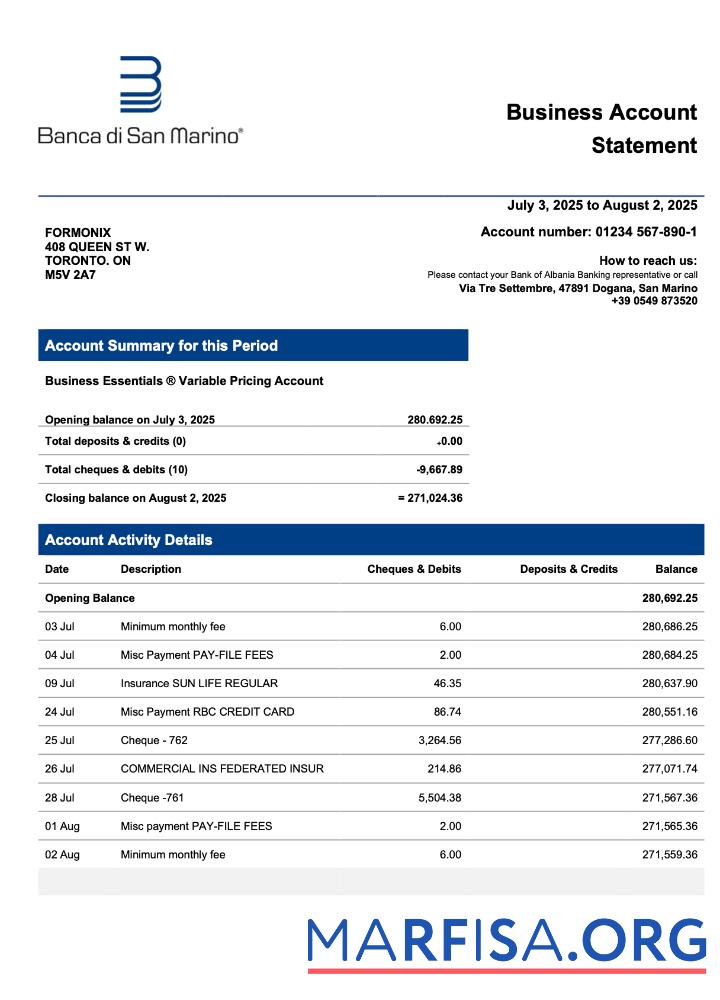 Blank San Marino Banca di San Marino company statement Word and PDF template